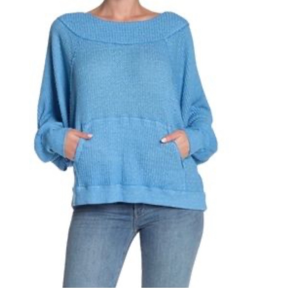 Free People West End Waffle Knit Thermal Top Blue Skies Size XS - Picture 2 of 7
